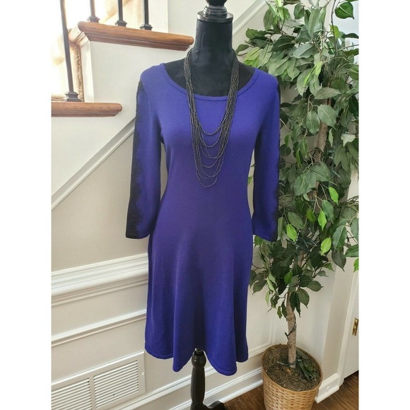 Nine West Women's Solid Blue Cotton Round Neck Long Sleeve Knee Length Dress M - Picture 11 of 11